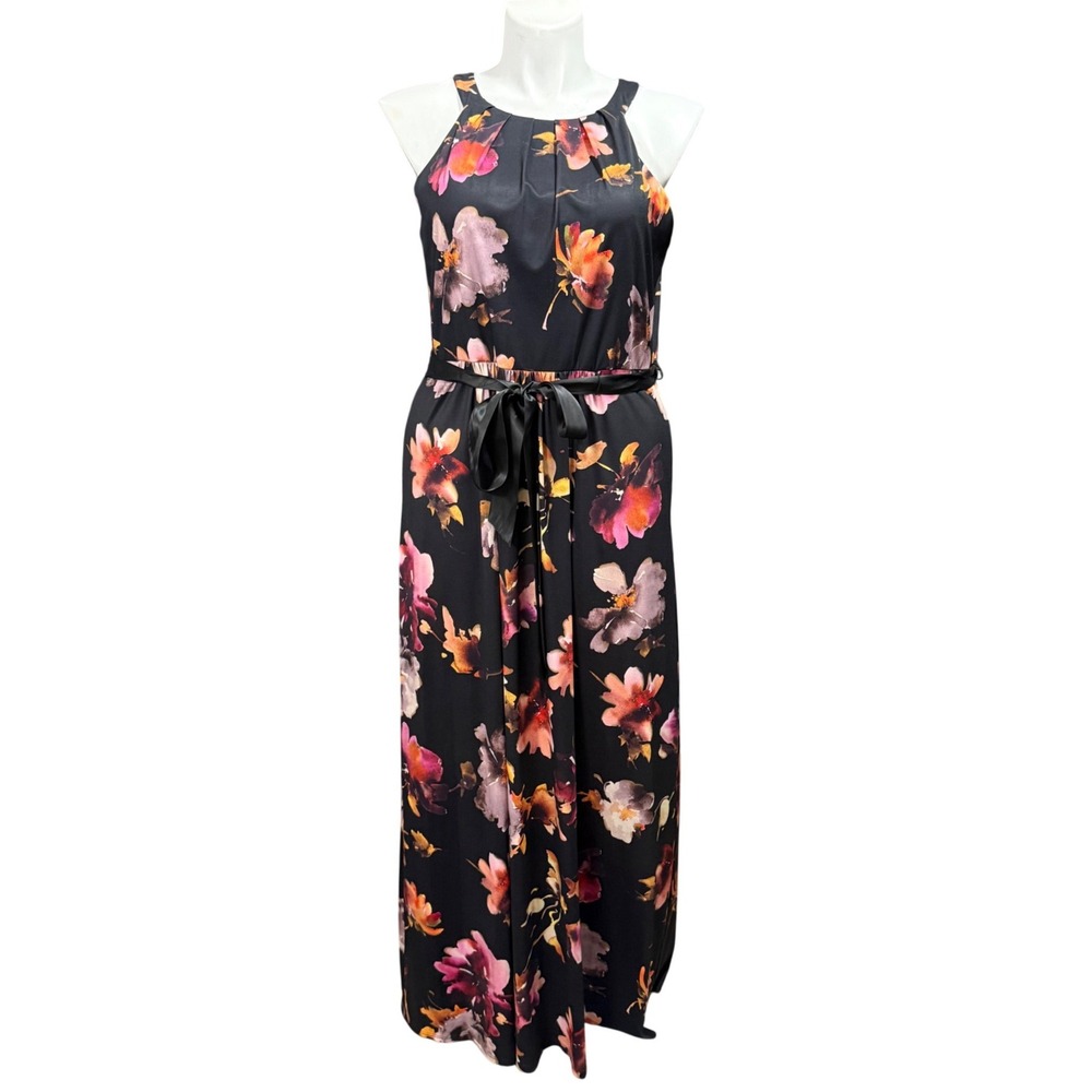 SLNY SL Fashions New York Floral Sleeveless Maxi Dress Black Pink Orange Sz 18